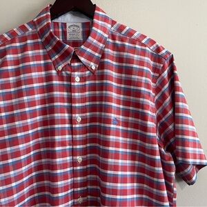 Brooks Brothers Men's XL Red White & Blue Check Plaid Button Down Short Sleeve